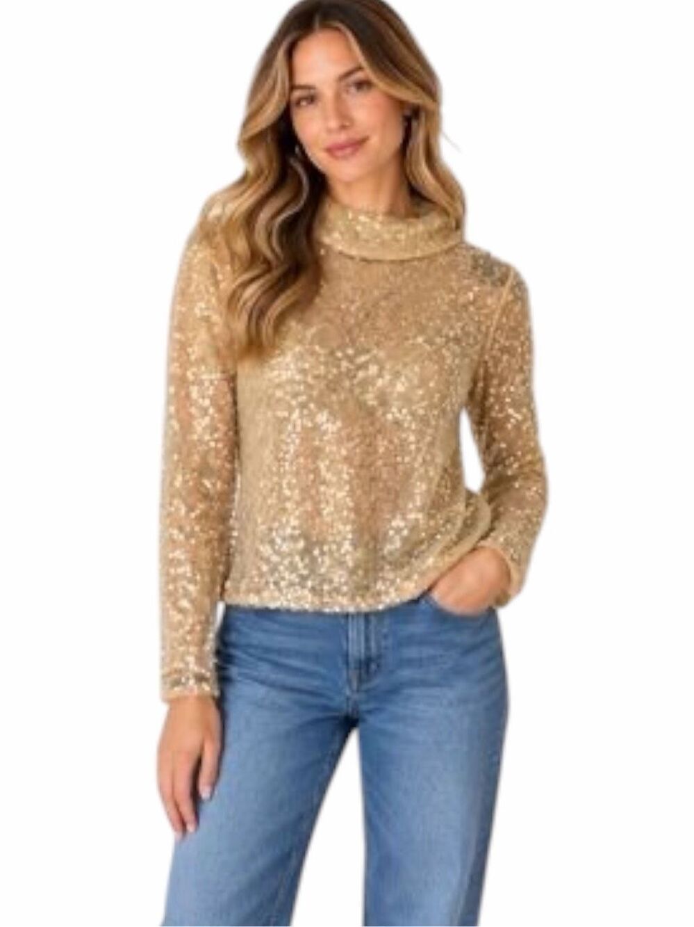 SUNDAY IN BROOKLYN Anthropologie Gold Sequin Sheer Turtleneck Top XS